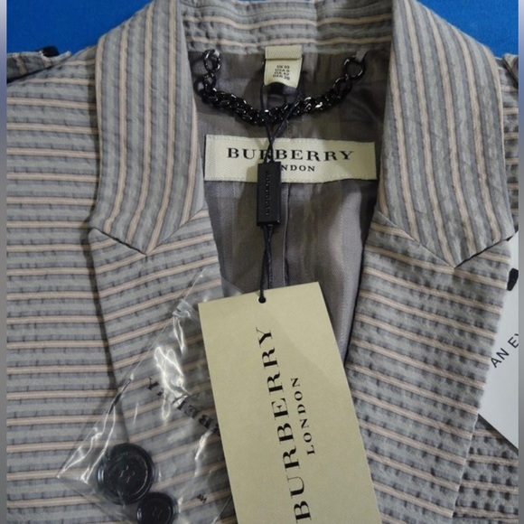 Burberry London Women’s Pin Striped Pant Suit Pale Flint Blue Sz 8 Cotton NWT - Picture 15 of 16